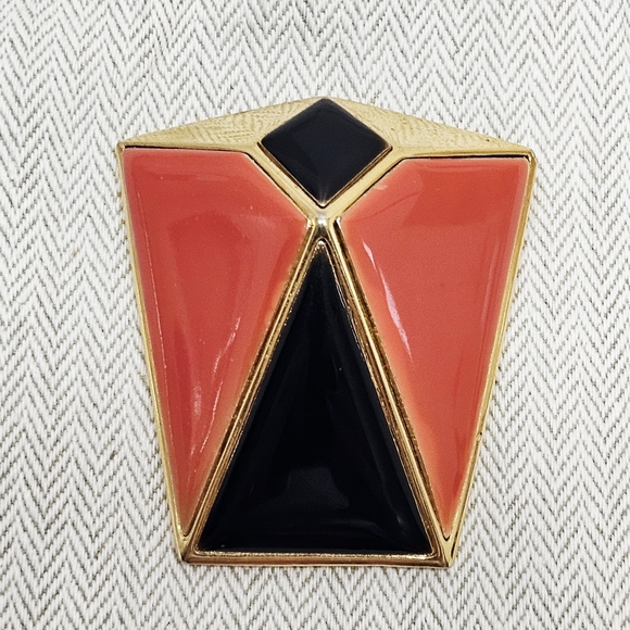 Givenchy Vintage Brooch Circa 1980 Geometric Orange Black Gold Lucite - Picture 1 of 3
